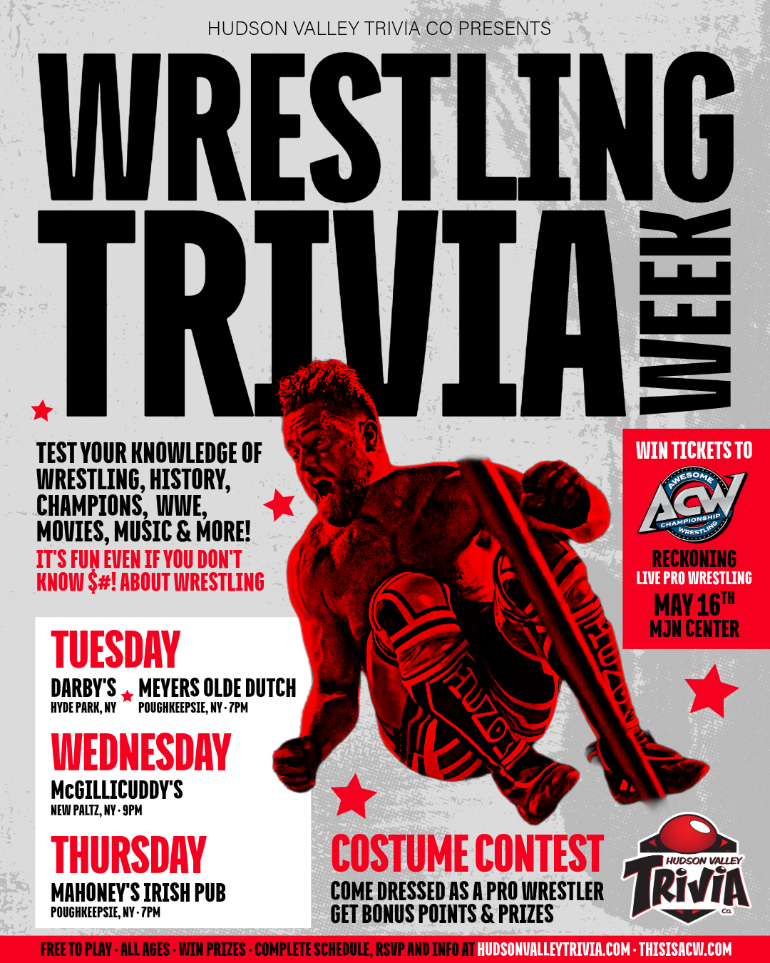 Win tickets to Awesome Championship Wrestling Reckoning playing Wrestling Trivia all week with Hudson Valley Trivia Co