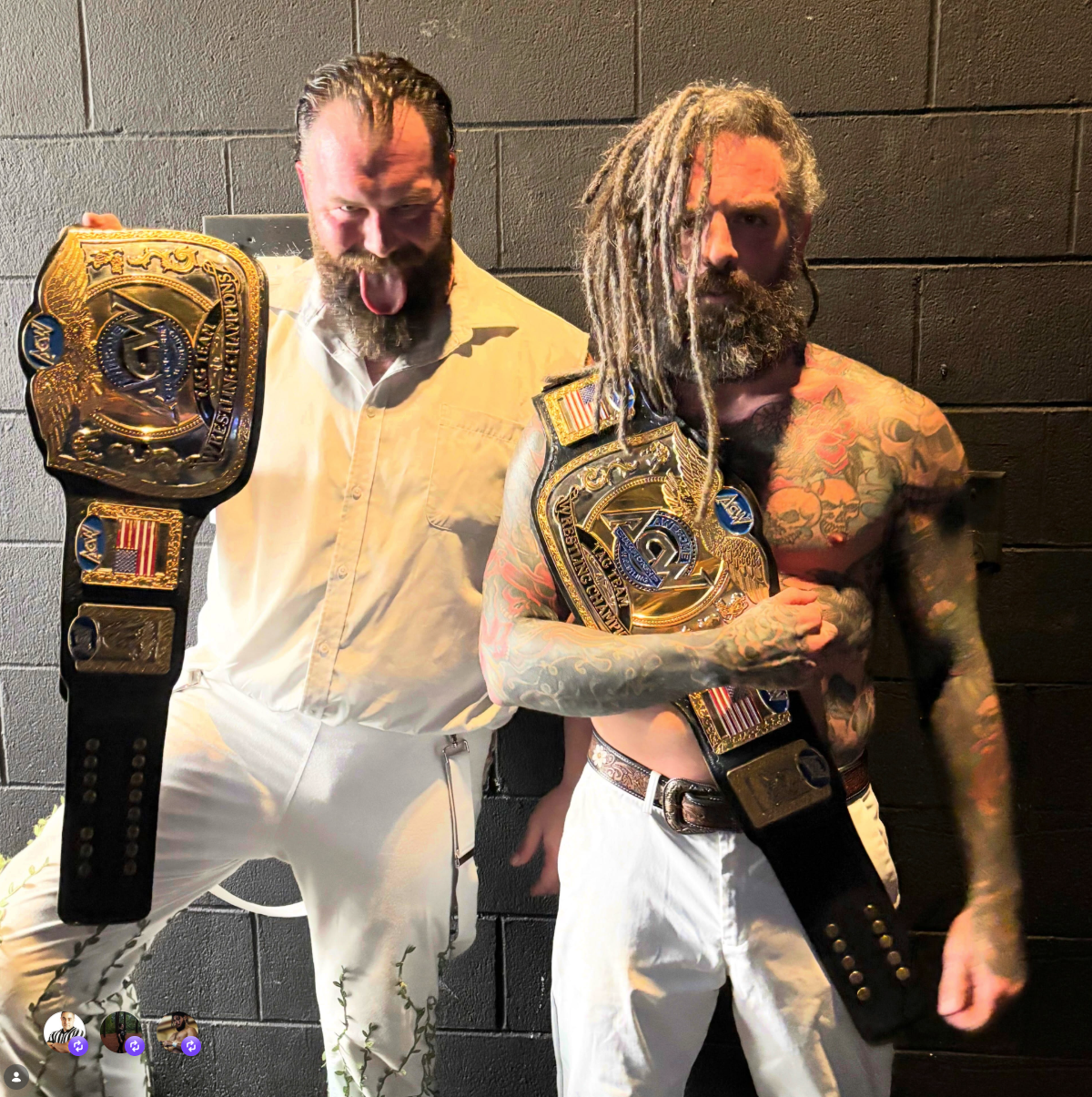 The Righteous holding the ACW tag team title belts after becoming the new champions by defeating the now at mischief night